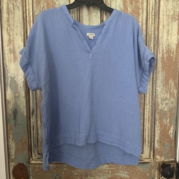 LL Bean Blue Cloud Gauze 100% Cotton Top PXL - Picture 1 of 8